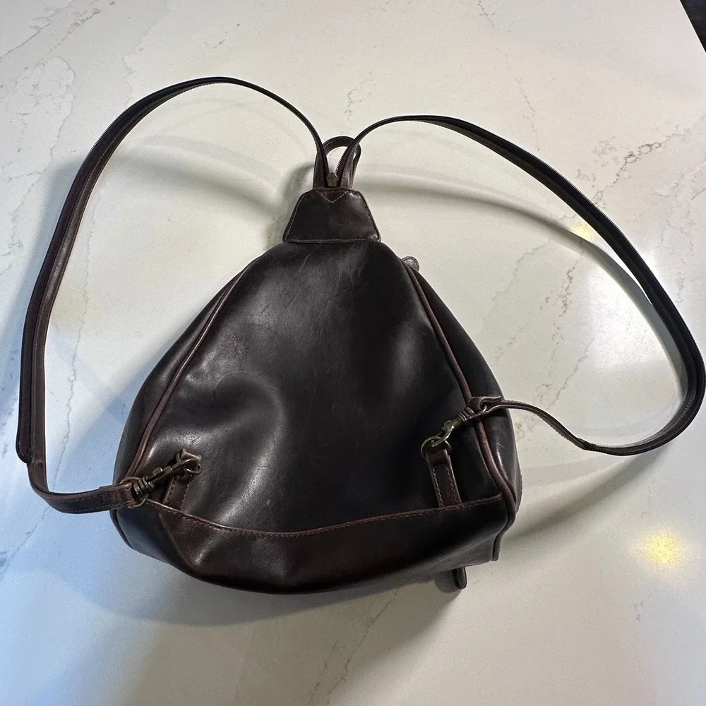 Villager Liz Claiborne Dark Brown Faux Leather Convertible Sling Backpack Y2K